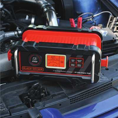 BLACK & DECKER<sup>&reg;</sup> Automatic Battery Charger - Start and maintain WET, AGM and GEL automotive or marine 12 volt batteries with this battery charger.  Patented 75 amp engine start jumps most vehicle engines in 90 seconds. Easy-to-use control panel lets you pick your function:  engine start, alternator check, battery voltage or battery conditioning.  Includes onboard power cord storage, onboard clamp tab and battery.