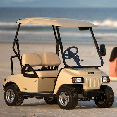 CLUB CAR<sup>&reg;</sup> Villager 2 LSV - This street-legal low-speed vehicle goes from golf course to your local shops with style.  Club car has a strong, rust proof aluminum frame, safety-glass windshield and windshield wiper, advanced on-board diagnostics, 3-point seat belts and runs up to 30 miles on one charge.