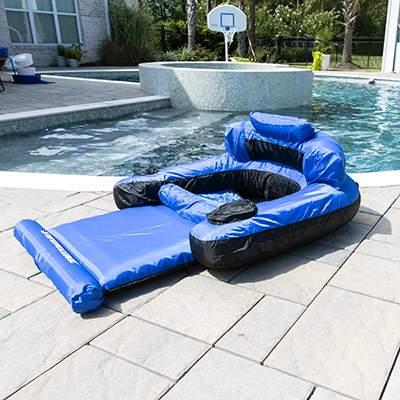 SWIMLINE<sup>&reg;</sup> Floating Lounge Chair - Comfortable Nylon fabric covered inflatable lounge chair with head, arm, and foot rests. Adjust inflation for degree of comfort and 
complete with drink holder.
