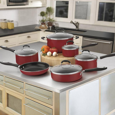 CUISINART<sup>&reg;</sup> 11 Piece Cookware Collection - The metallic exterior complements any kitchen décor and lets cooks simmer, sauté, fry, boil and braise in style. The pure aluminum core provides quick and even heat while the premium nonstick surface allows for easy cleanup. Fantastic results with dishwasher safe convenience. Set Includes: 1-quart saucepan, 2-quart saucepan, 3-quart saucepan, 3-quart saute pan, and 6-quart saucepot all with covers and 10-inch skillet.