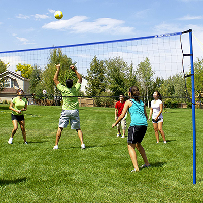 PARK AND SUN<sup>&reg;</sup> Volleyball Set - A volleyball set with everyone in mind!  Designed for recreational players and families. The Spiker Sport Set includes a 3 x 32 foot net, 0.2-inch guyline with tension rings, 1.5-inch diameter steel posts, and a hand pump. Complete with an 18-panel, machine-stitched ball and a nylon equipment bag. Regulation net with 1.5-inch top tape and 10-inch ABS ground stakes. Pre-measured boundary with corner anchors. 
