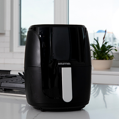 GOURMIA<sup>&reg;</sup> Digital Air Fryer - With this sleek 5-quart air fryer, you can cook all of your favorite foods to crispy perfection!  Features include LCD display, 9 preset functions, removable nonstick, dishwasher safe basket and crisper tray, and recipe book.