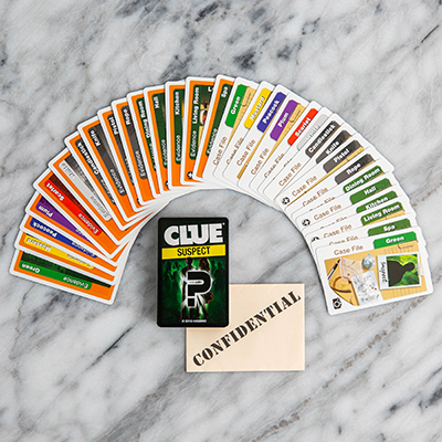 CLUE<sup>&reg;</sup> Suspect Card Game - Determine the suspect, weapon and location of the crime with this fun card game for the whole family.  The first player to solve the crime wins!  Includes 2 decks of cards, 1 confidential envelope and illustrated instructions. Ages 8 and up. 3 - 4 players.