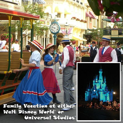 FAMILY VACATION - Enjoy a family vacation in Florida for 2 adults and 2 children. Choose from either Walt Disney World<sup>®</sup> or Universal Studios<sup>®</sup> Orlando. Includes 4 nights at a park resort and 4 days of park admission. Airfare not included.