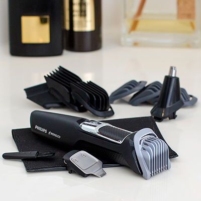 PHILIPS<sup>&reg;</sup> Norelco<sup>&reg;</sup> Multigroom 3000 All-In-One Trimmer - This Series 3000 trimmer kit offers a precision trimmer, 3 beard guards, a stubble guard, 3 hair guards and a nose and ear hair trimmer.  Also features tempered steel blades, 60 minute run-time with cordless use and rinseable attachments.