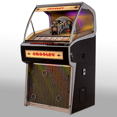 CROSLEY<sup>&reg;</sup> Vinyl Rocket Jukebox - This vinyl-playing jukebox is the only one being manufactured in the world.  Holds 70 45's and can play both A and B sides. Record selections can be made directly from the button bank or via remote control. A Bluetooth receiver gives you the ability to stream digital music from a compatible device. Also features a D4 amplifier and five-way built speaker system.