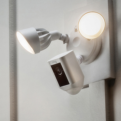 RING<sup>&reg;</sup> Floodlight Camera - Home security in a whole new light. Detect motion and get instant alerts through the Ring app with this motion activated security camera and floodlight with two-way talk and siren.  Includes ultra bright LED floodlights, 1080p HD Camera with Smart Zoom, infrared night vision, 110-dB security siren, two-way talk, advanced motion detection and weather resistant design.