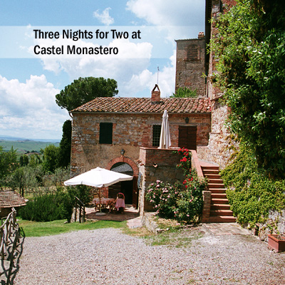 CASTEL MONASTERO Tuscan Retreat and Spa - Experience the beautiful hills of the Chianti region in Italy with a 3-night stay for 2 guests at this enchanting 11th century medieval village that has been transformed into a luxury Tuscan retreat.  Enjoy amazing amenities such as open air tennis courts and a swimming pool.  Explore the beautiful surrounding areas or just relax and pamper yourself at this luxurious retreat. Airfare not included.