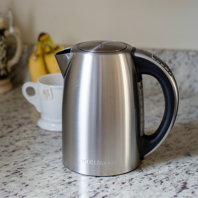 CUISINART<sup>&reg;</sup> PerfecTemp<sup>&reg;</sup>  Cordless Programmable Kettle - Create your own perfect pot of tea with this programmable kettle.  Features include 1.7 liter capacity, 6 preset temperatures, a Keep Warm option that will maintain a set temperature for 30 minutes and auto shutoff and boil dry protection.  Kettle has stainless steel finish, 1500 watts of power, a concealed heating element and a 360˚ swivel connector base. 